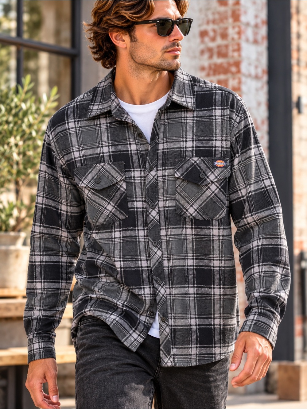 Dickies Plaid Flannel Button Up Shirt Black Gray Men’s XL 100% Cotton #C176